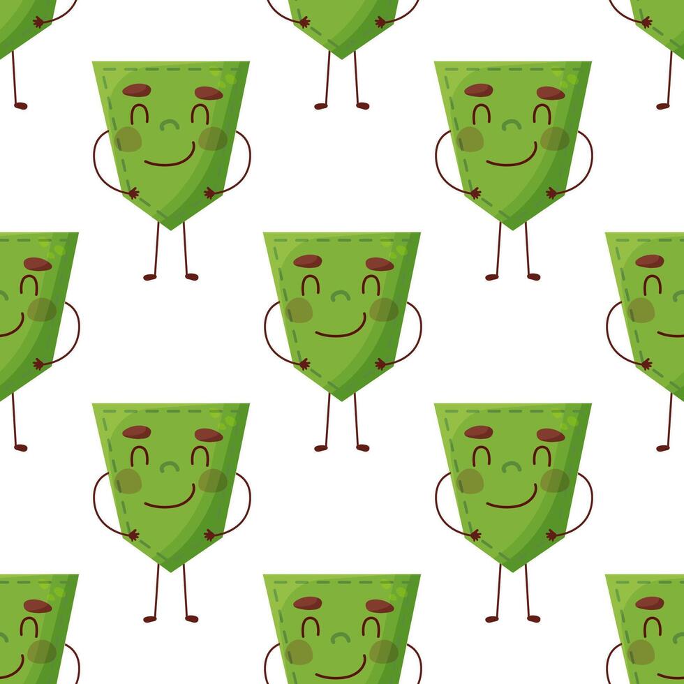 Seamless pattern Cucumber-shaped patch pocket. Character pocket cucumber. Cartoon style. Design element. Template for your shirts, books, stickers, cards, posters. vector