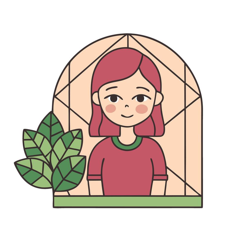 Cute girl illustration with geometric window and leaves in pastel colors vector