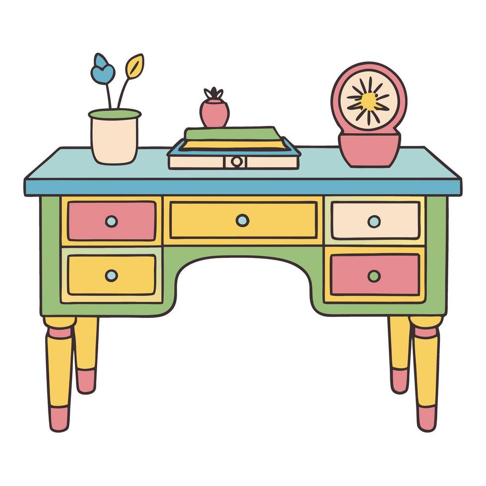 Colorful retro desk with potted plants and books in a playful vector