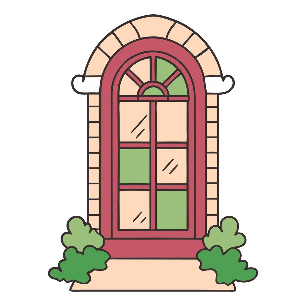 Vintage arched window with greenery vector