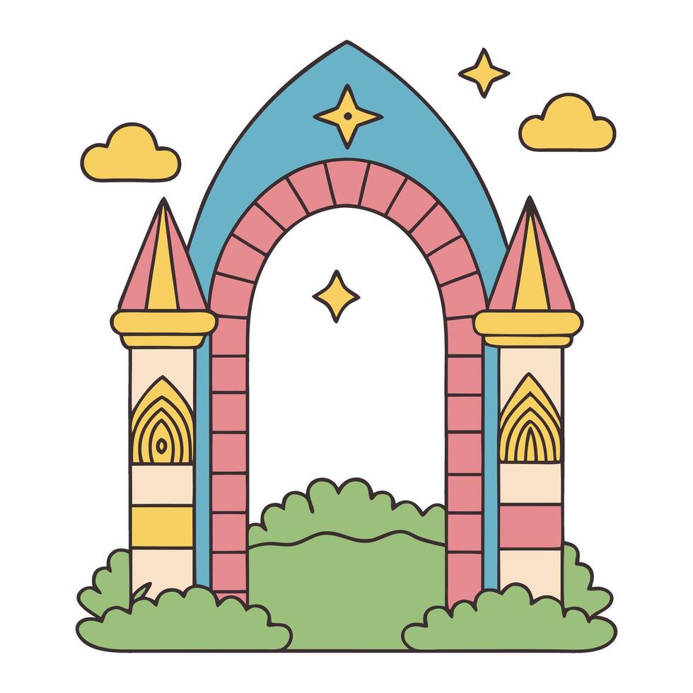 Whimsical fairytale castle arch with clouds and stars in pastel colors vector