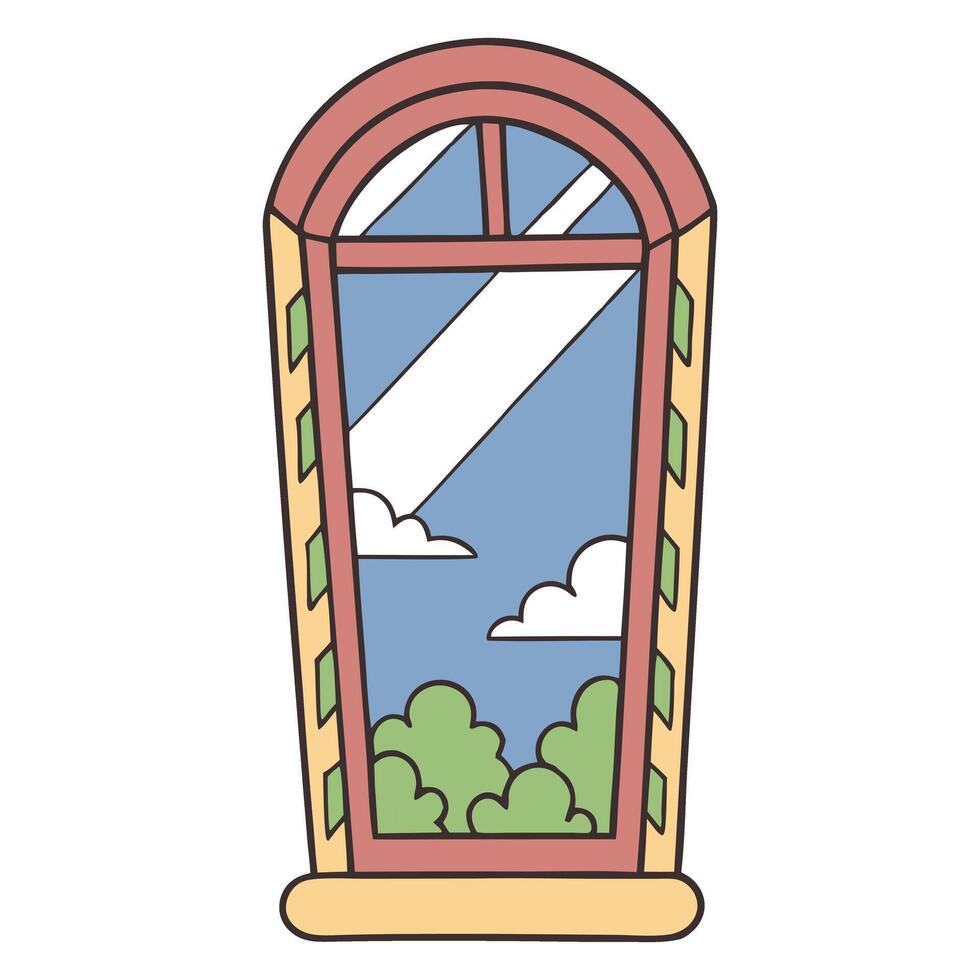 Charming whimsical arched window with a scenic view and puffy clouds vector
