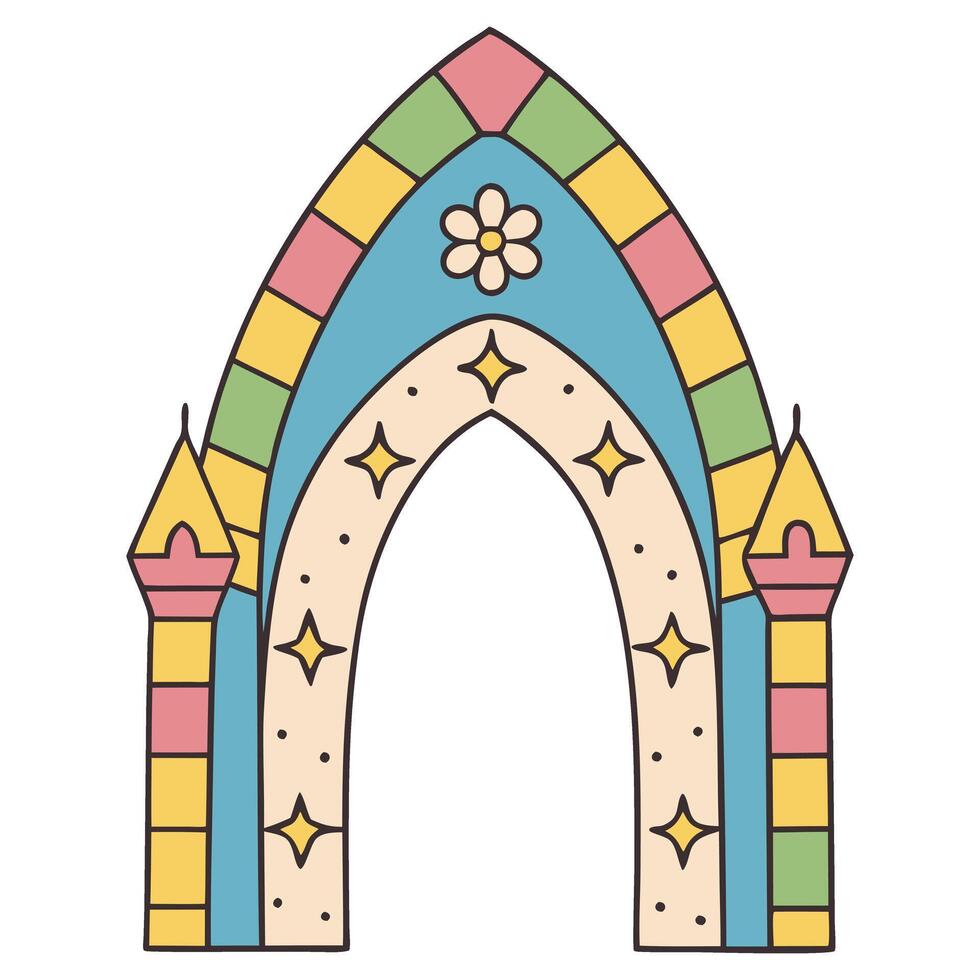 Colorful medieval arch illustration with geometric patterns and pastel hues vector