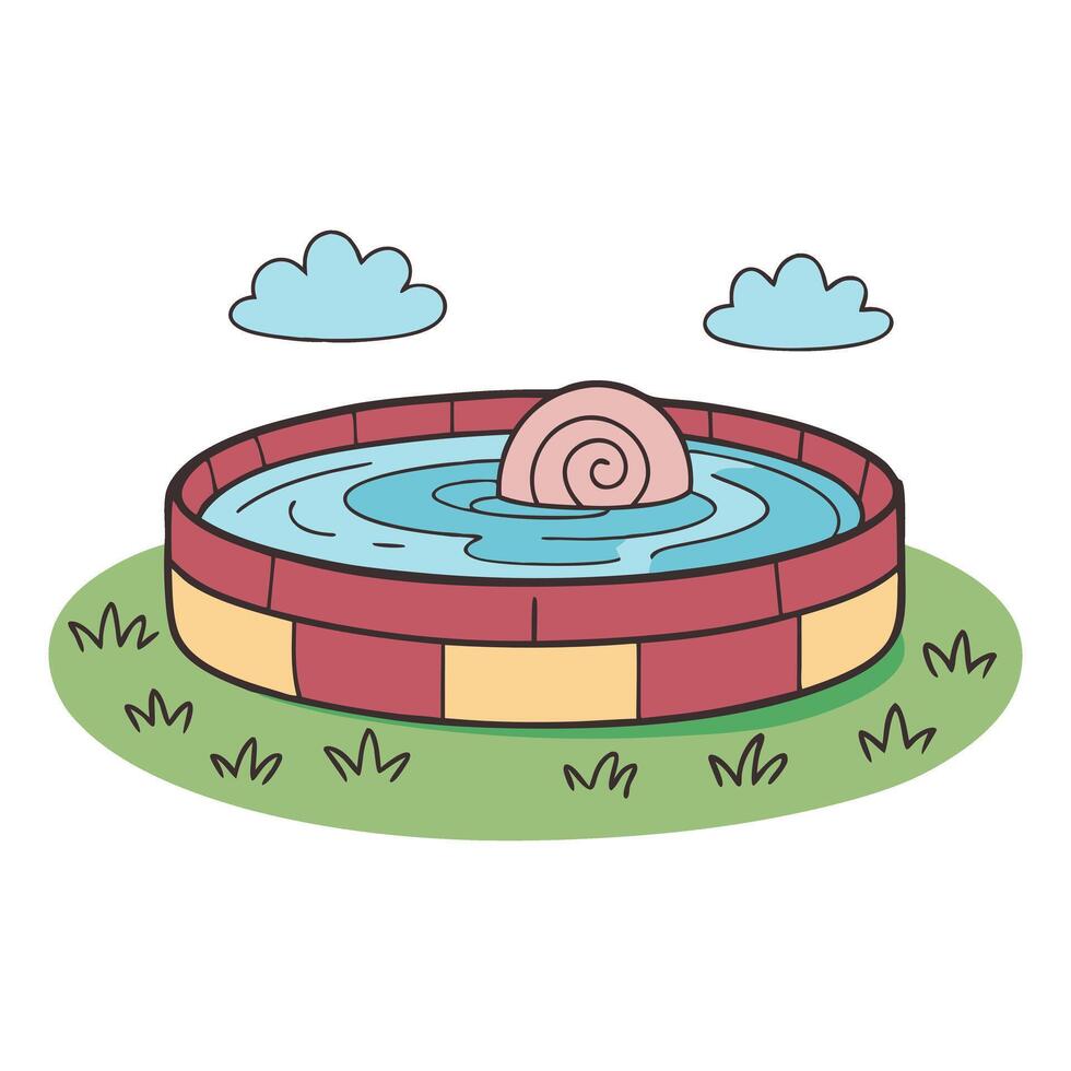 Playful circular kiddie pool with floating snail and clouds illustration vector