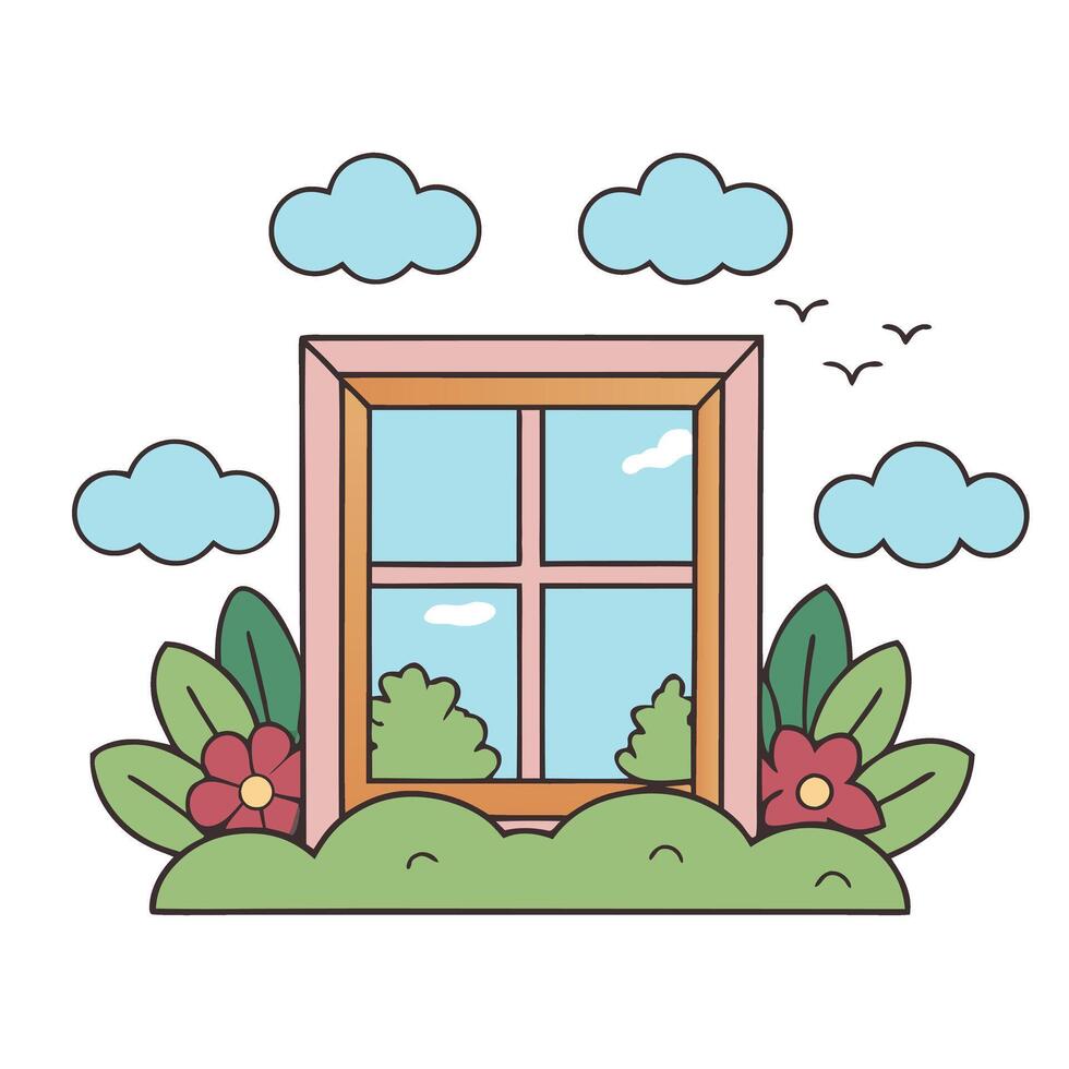 window view with clouds and greenery in a playful illustration style vector
