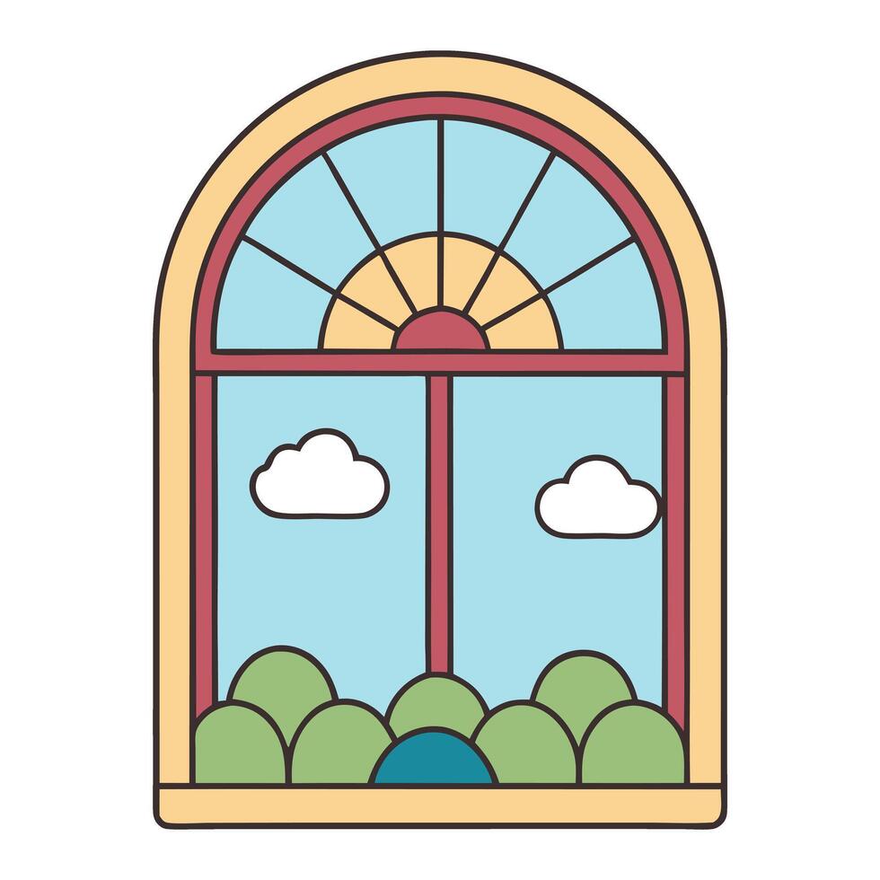 Arched window view with sun and clouds minimal illustration vector