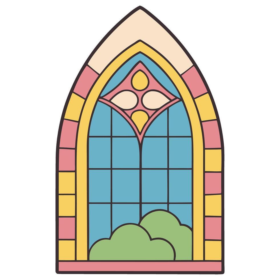 Colorful stained glass window with geometric design and nature elements vector