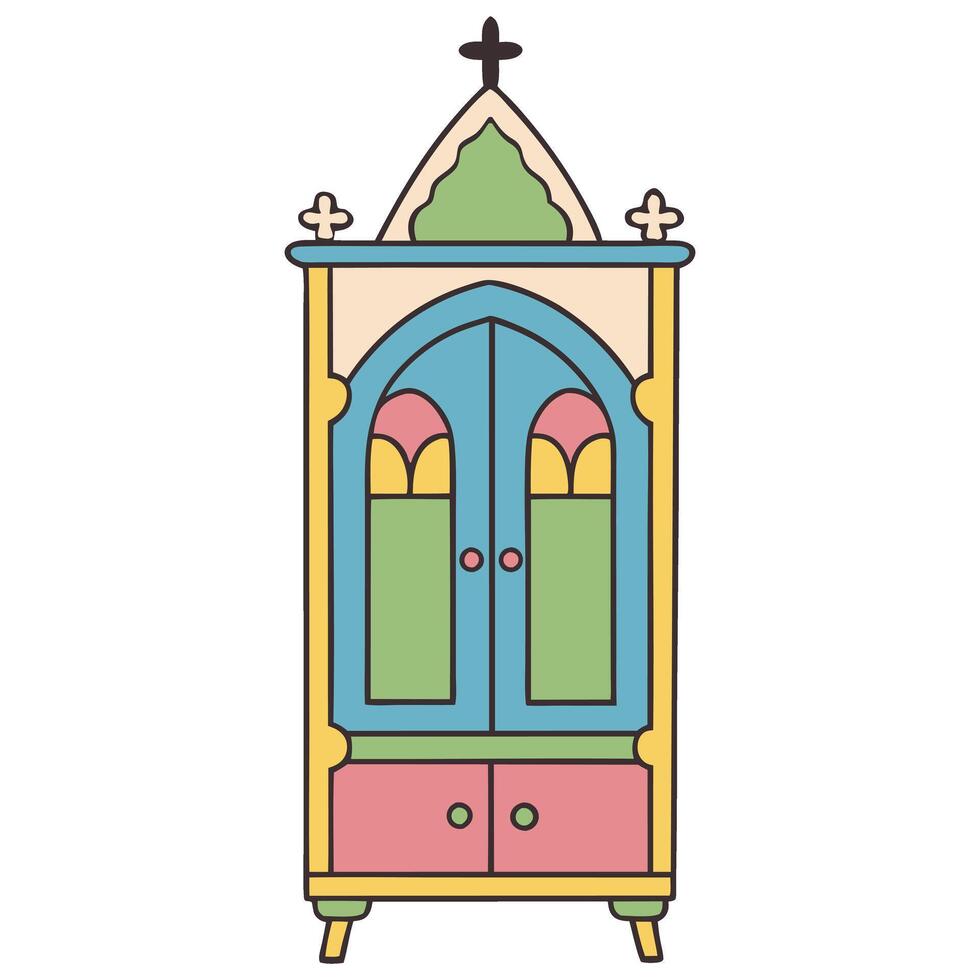 Colorful gothic wardrobe with ornate design and pastel palette vector