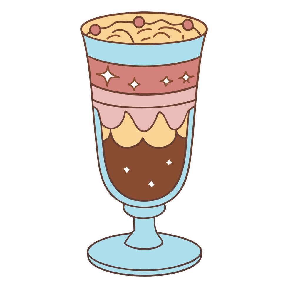Retro kawaii dessert illustration with colorful layered parfait in glass vector