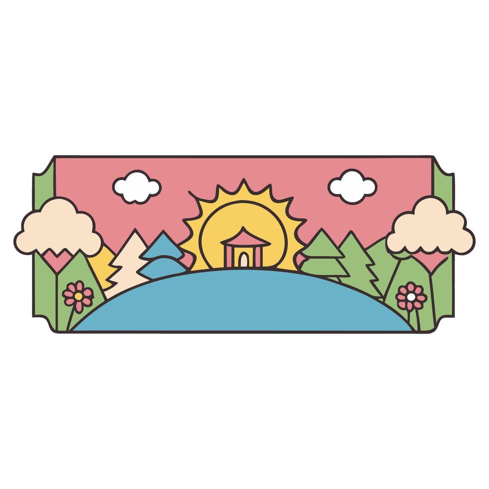 Whimsical sunrise landscape with trees, clouds, and flowers in pastel colors vector
