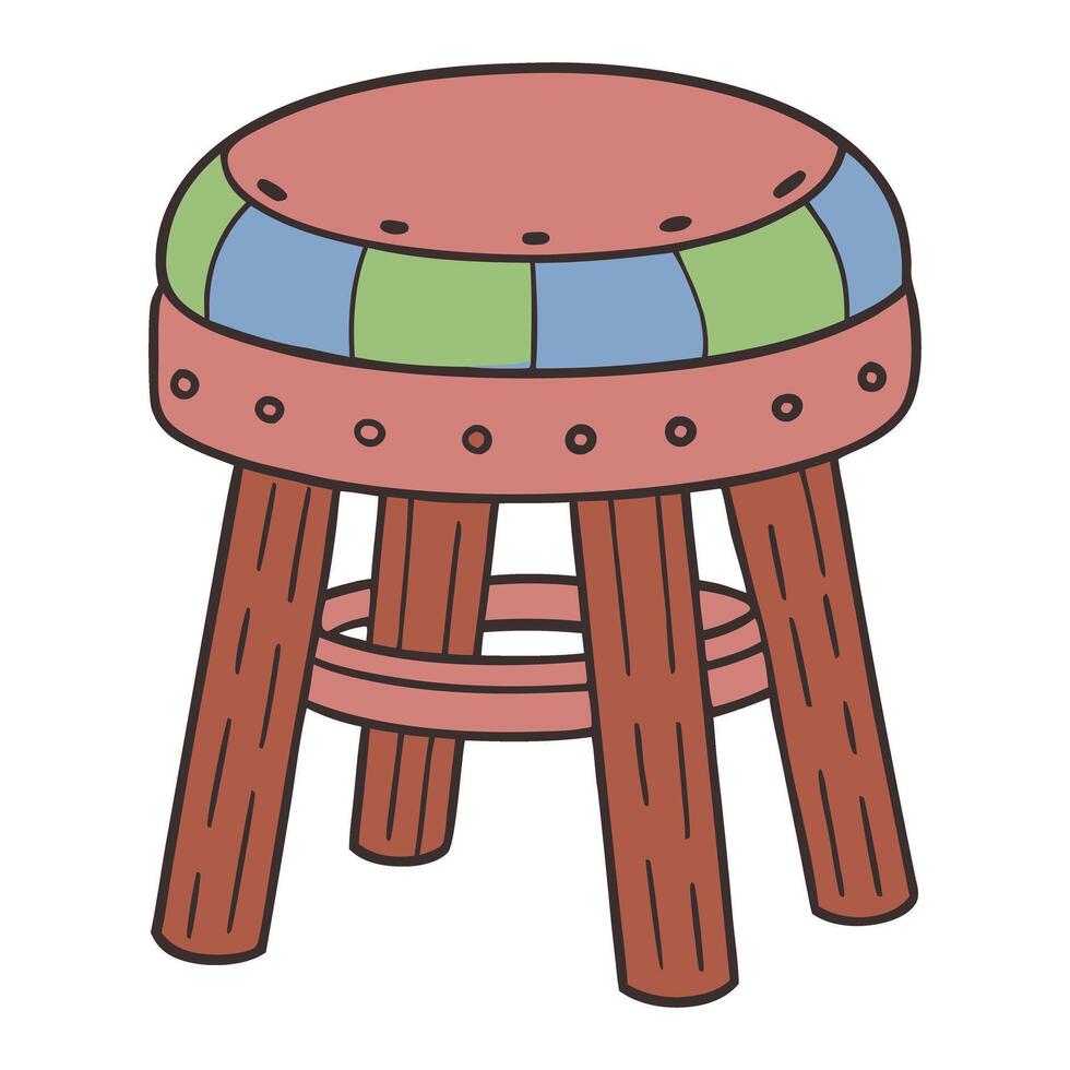 Colorful rustic stool illustration with wooden legs and upholstered round seat vector