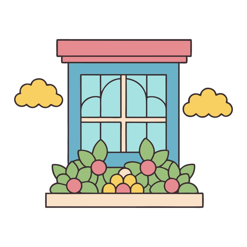 Charming window with colorful flowers and clouds vector