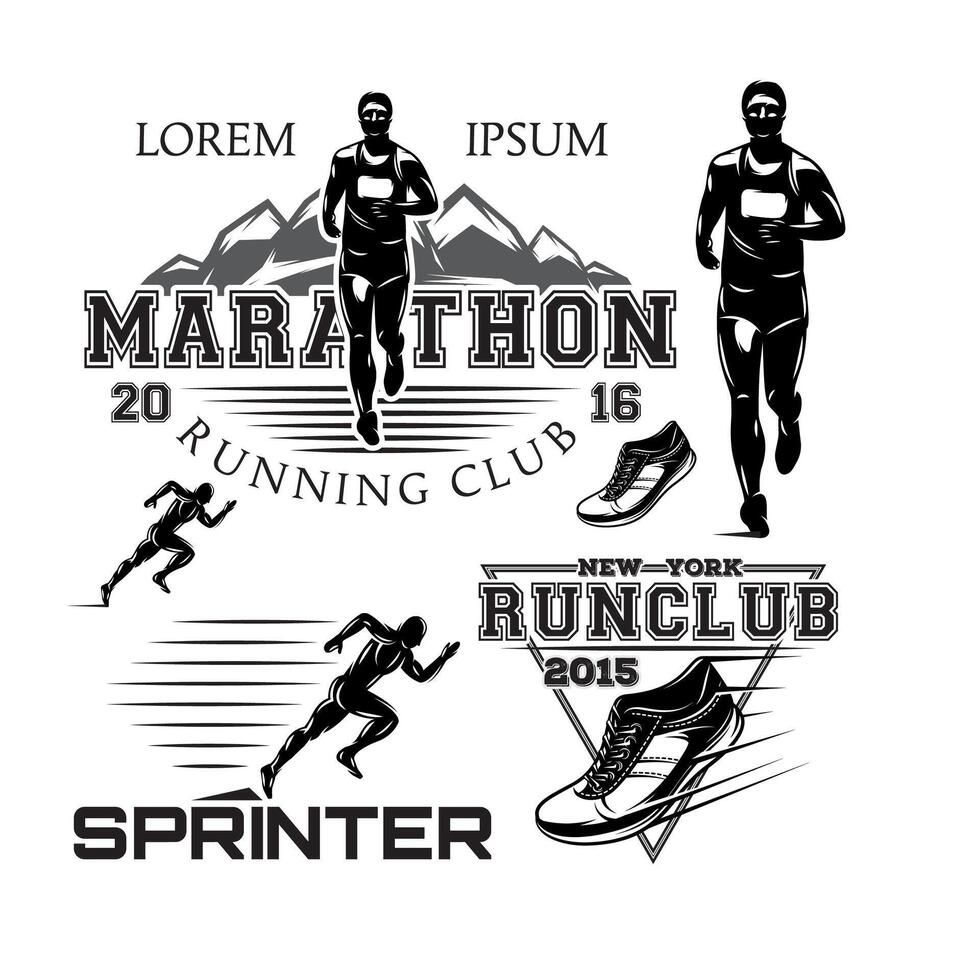 set black and white sports emblems for the sprint and marathon vector