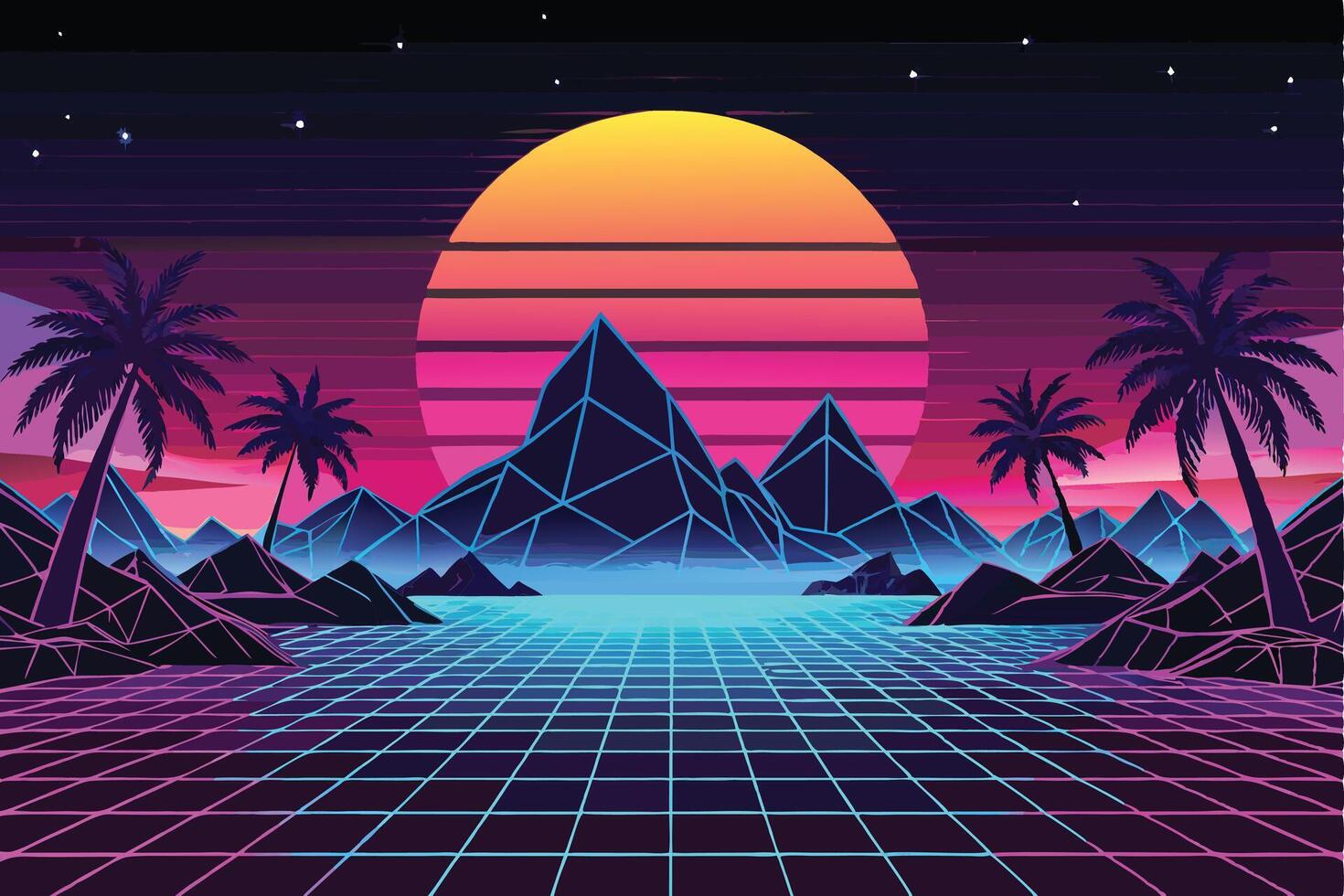 Retro Sunset Landscape With Palm Trees And Grid vector