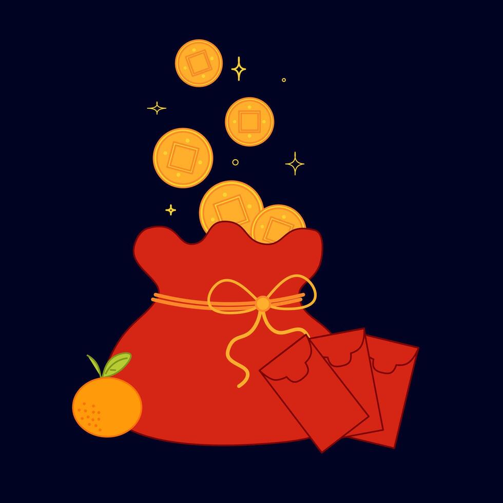 Minimalist CNY composition with red bag, gold coins, mandarin and red envelopes. Spring Festival backdrop of a glowing lucky bag Dark background, cartoon illustration vector