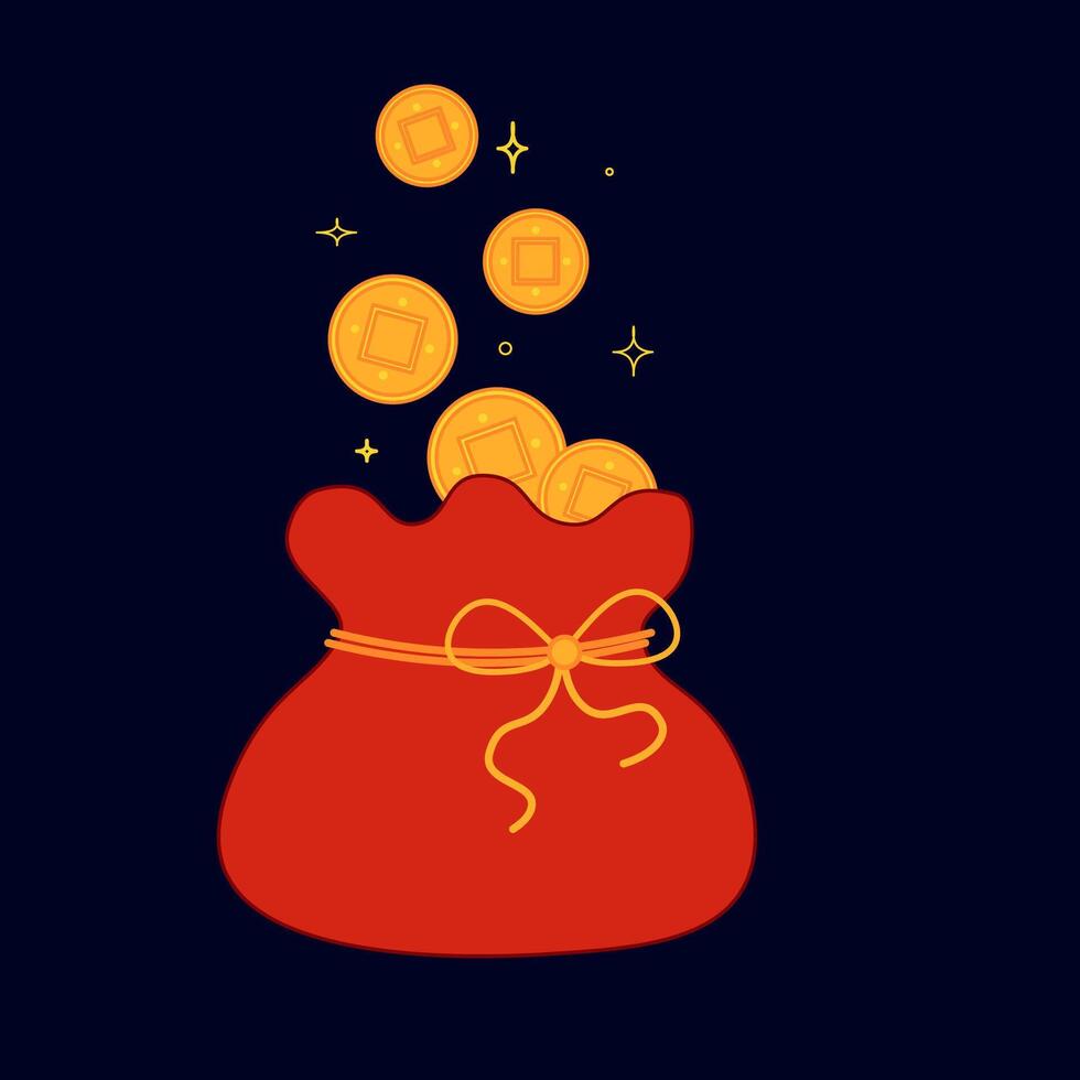 Asia red bag envelopes filled with gold ingots and coins. CNY elements isolated on dark background, suitable for wealthy Chinese new year decoration. cartoon illustration vector