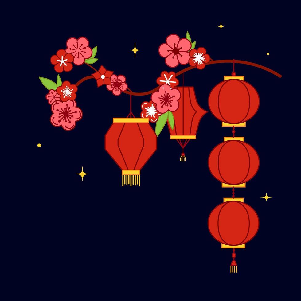 Happy new year design with hanging lanterns on sakura branch cartoon style, welcome happiness with the spring on the lower left composition vector