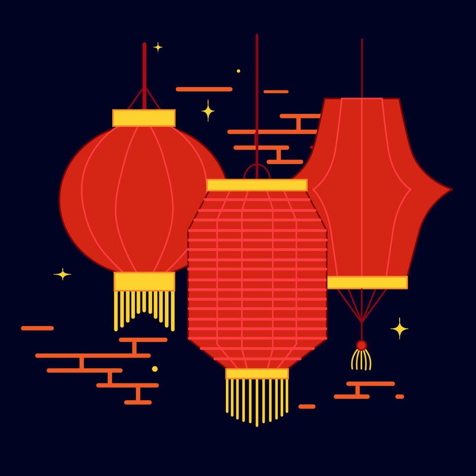 colorful lanterns of Mid Autumn Festival. China red lanterns at night cartoon composition. Flat modern composition of colorful paper lanterns vector