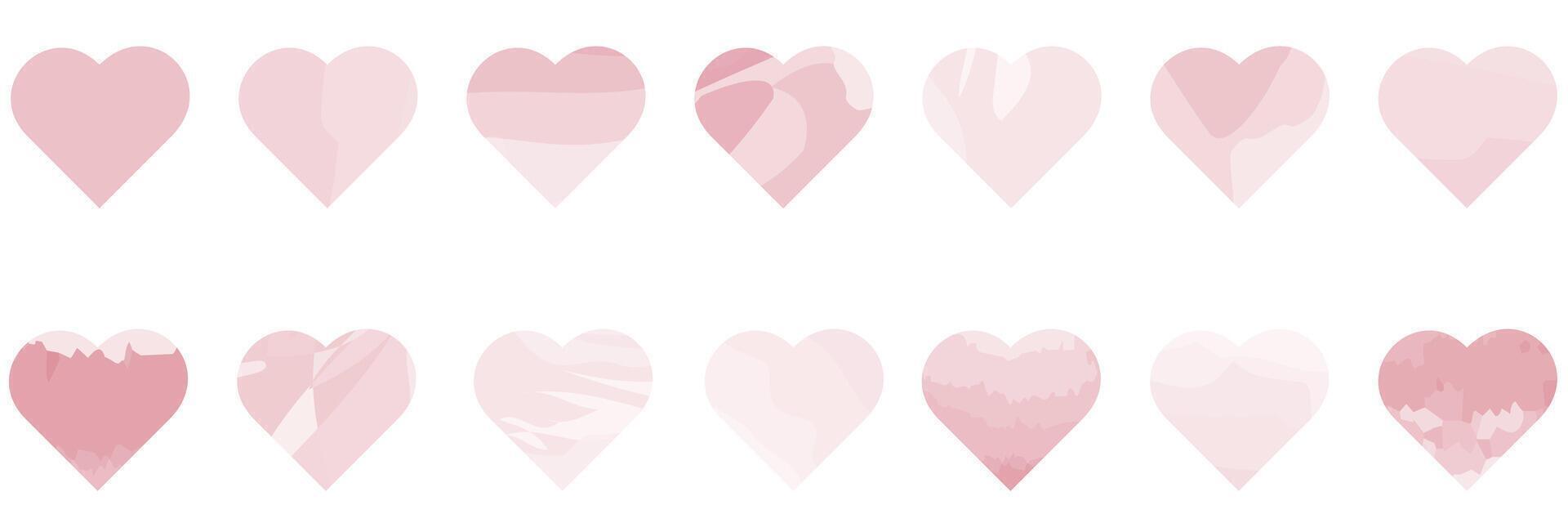 Abstract set of heart shapes filled with watercolor pattern. Love symbol in pastel colors vector