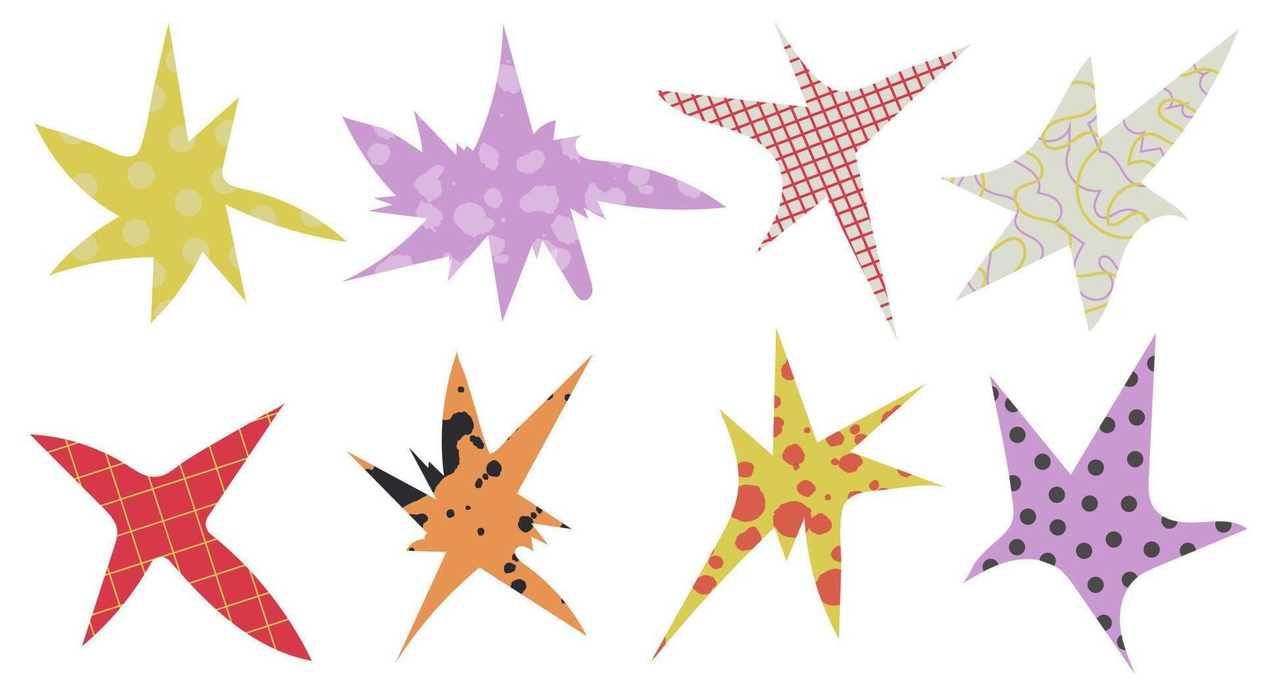 Set of cut out colored star shapes with texture. Funny irregular sparks and twinkles collection. Sharp shape elements pack. design set for poster, card, collage, brochure. vector