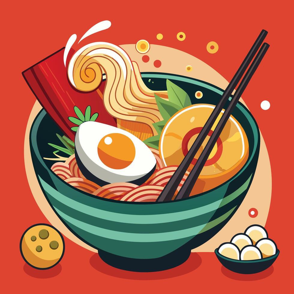 Ramen Noodle Egg And Meat With Chopstick Cartoon vector