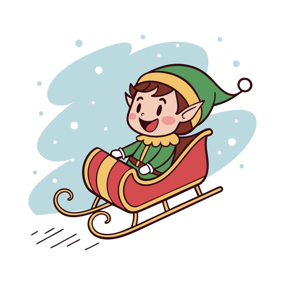 A cartoon elf is riding a red sled vector