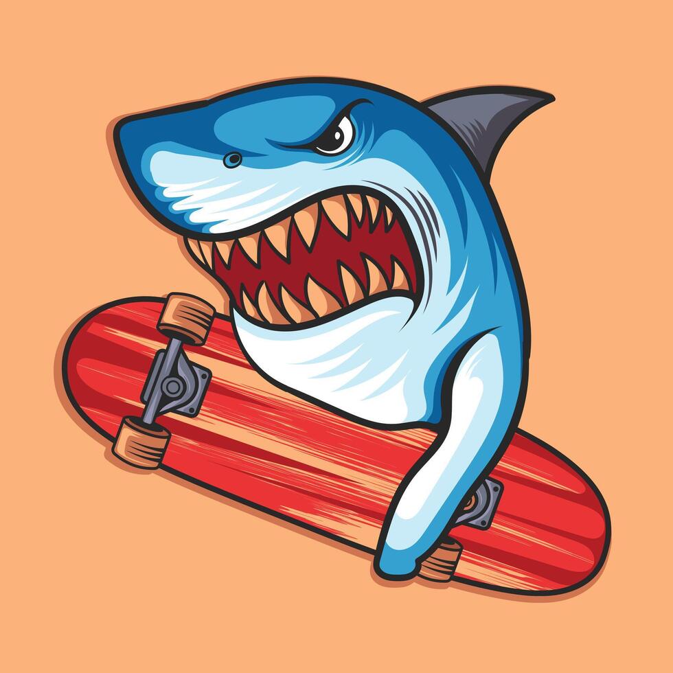 a angry shark holding a Skateboard winter sport illustration vector