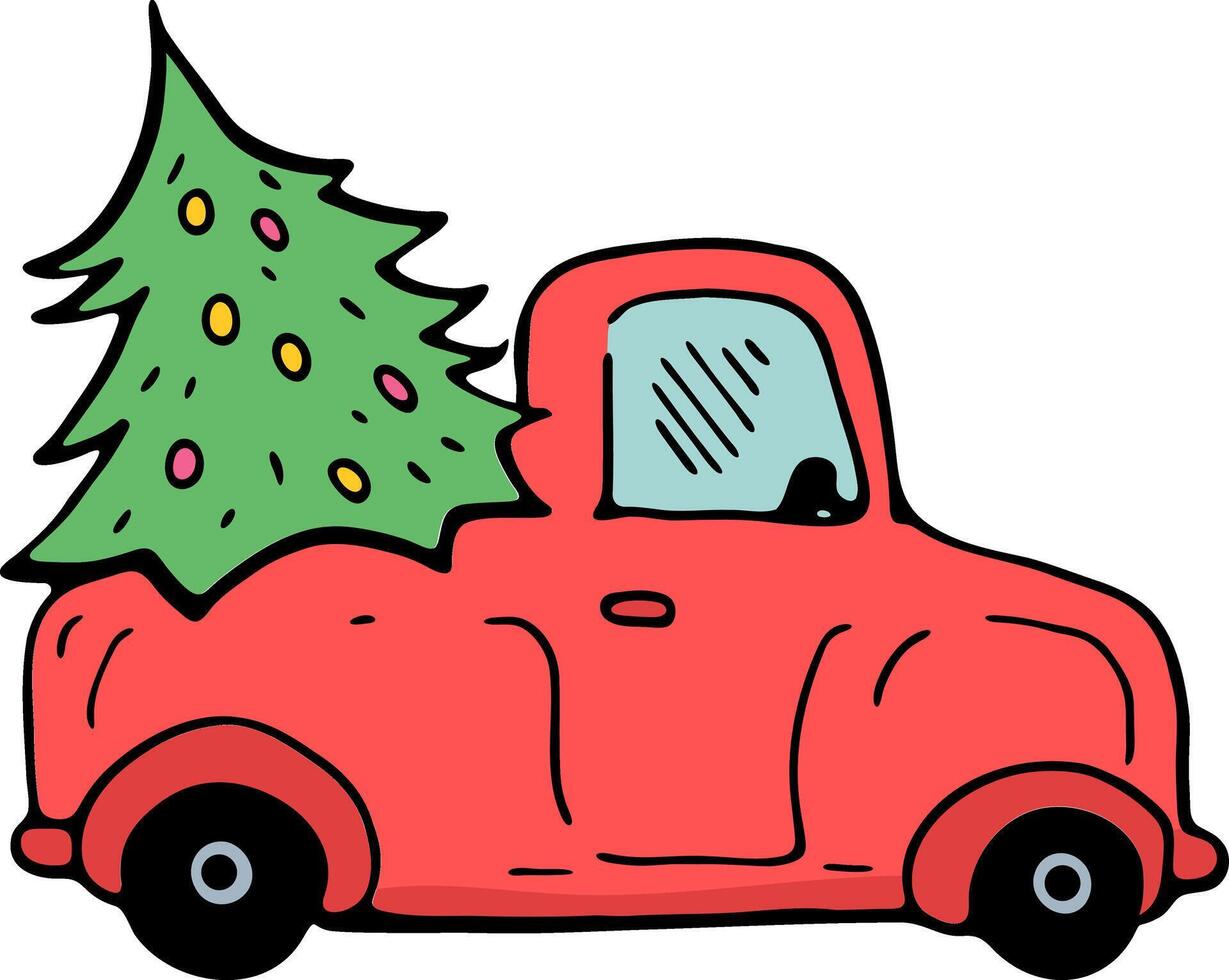 Christmas truck with tree doodle illustration vector