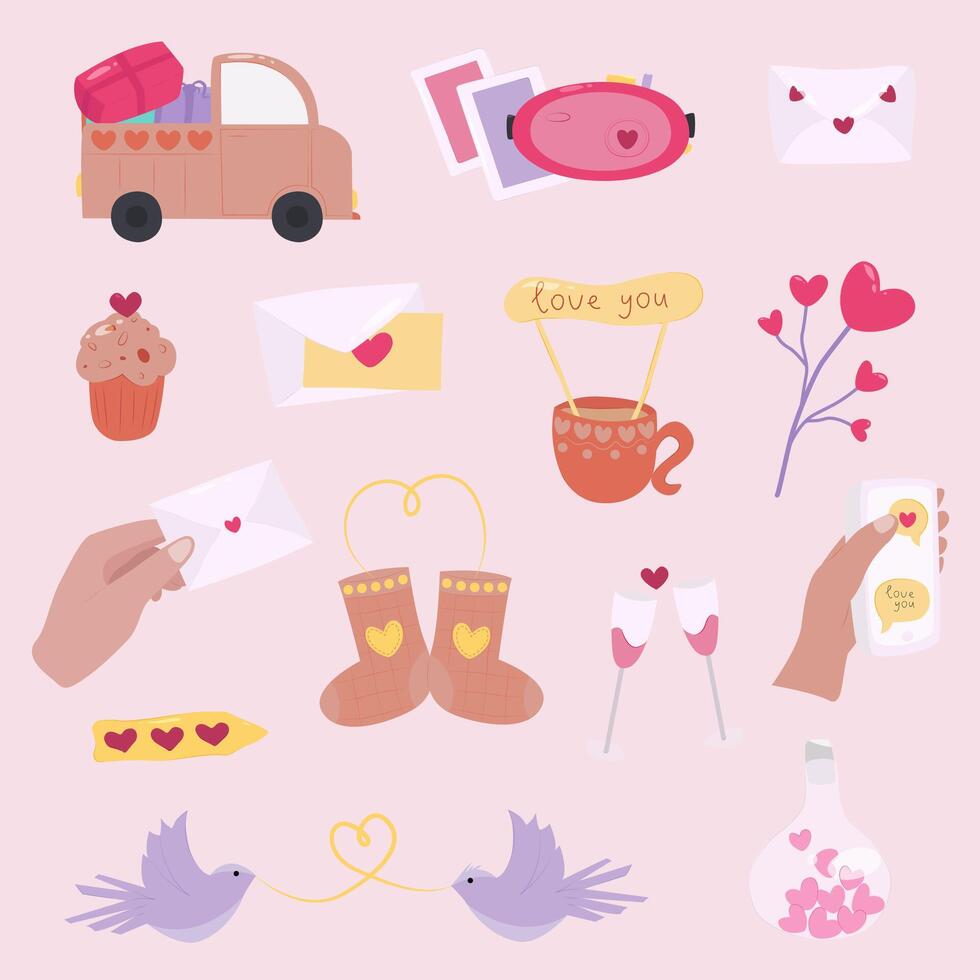 Cute set of romantic elements for Valentine's Day. Various romantic items. Heart, camera, glasses, love doves, cups, heart-shaped key, couple in love. Hand style vector