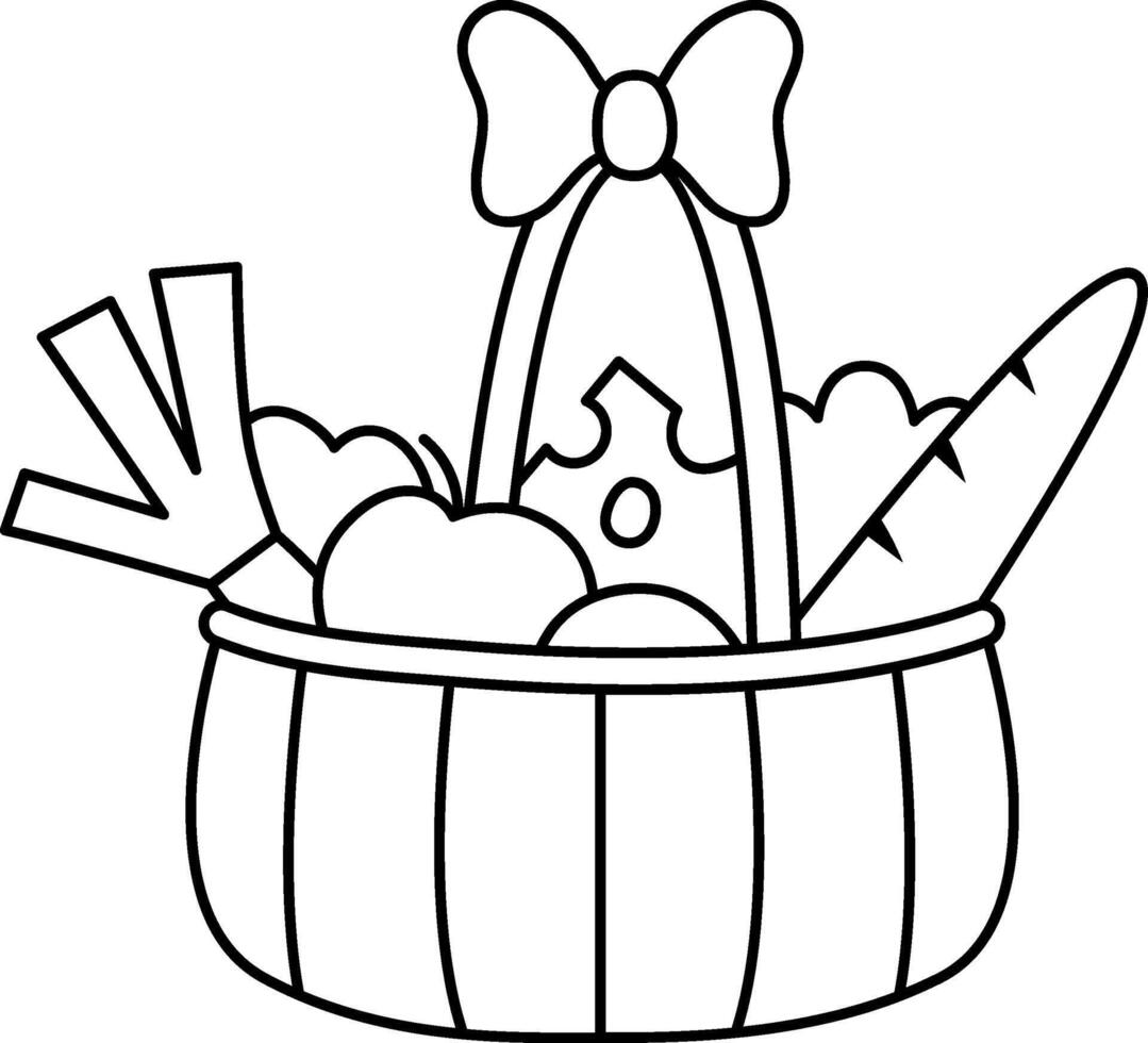 cute black and white basket with apples, baguette, greenery, cheese, leaves. French food line clipart. Funny market purchase illustration or coloring page. Farm harvest icon vector