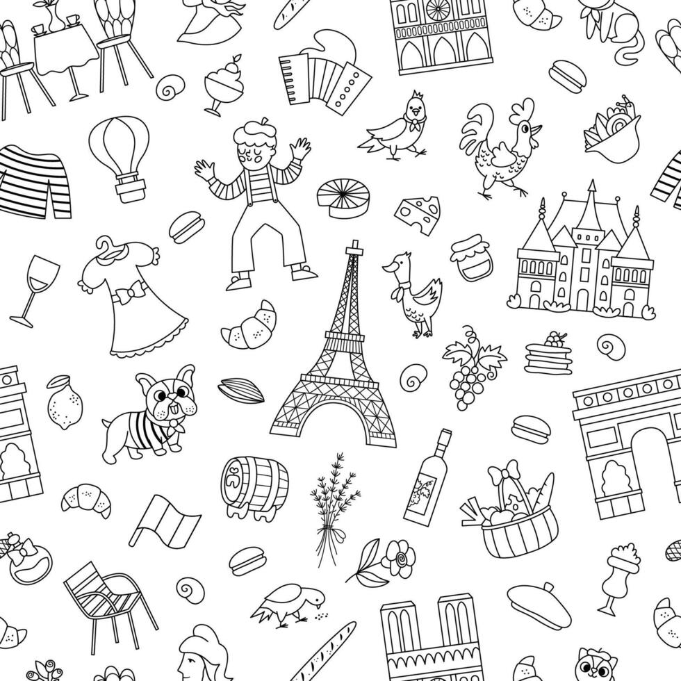France symbols black and white seamless pattern. Repeating line background with French sights, food, Eiffel tower, animals, baguette, croissant. Cute Paris digital paper or coloring page vector