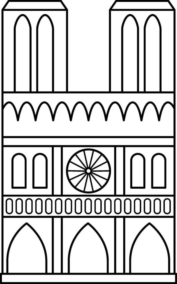 Notre Dame Cathedral black and white icon. Paris sight line illustration or coloring page. Traditional France landmark. Historical French flat style place of interest vector