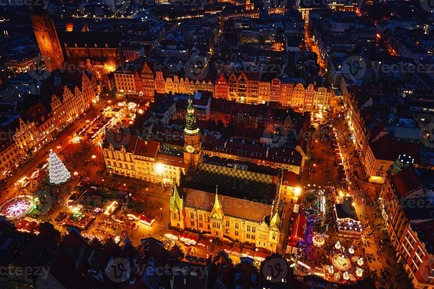 Aerial view of festive Christmas market at night in Wroclaw, Poland photo