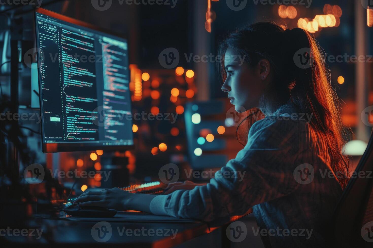 Young female programmer working on code in dark room with multiple screens photo