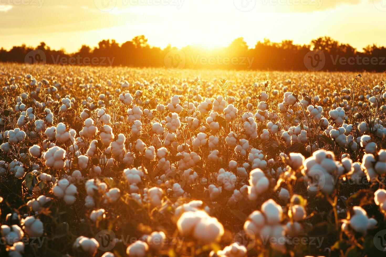 Field of ripe cotton bolls in sunset photo