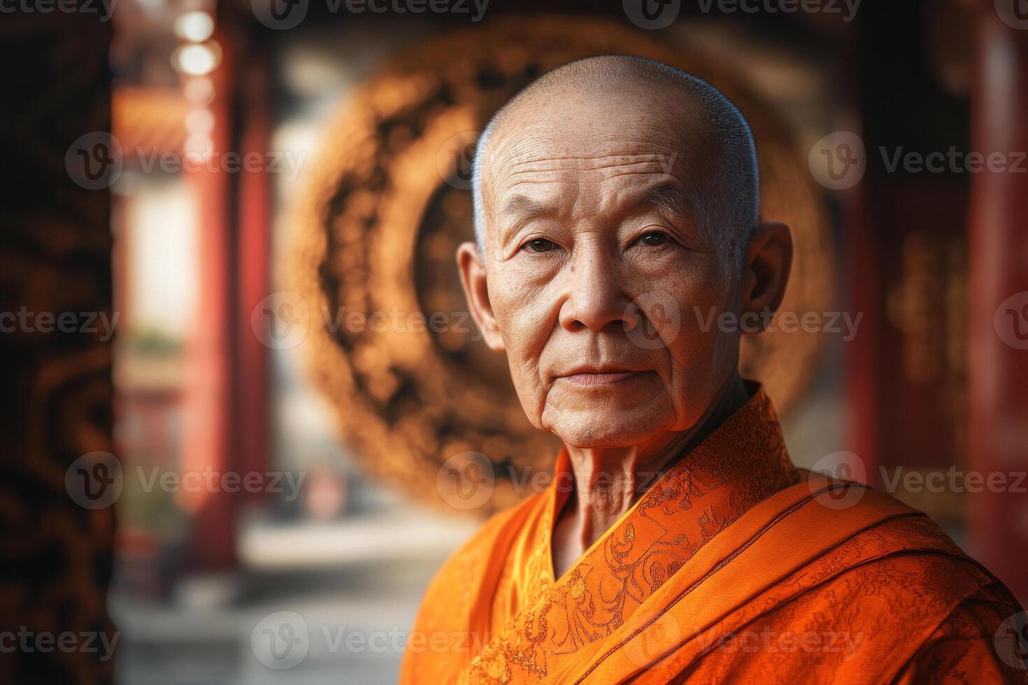 Buddhist monk standing outside temple looking at camera photo