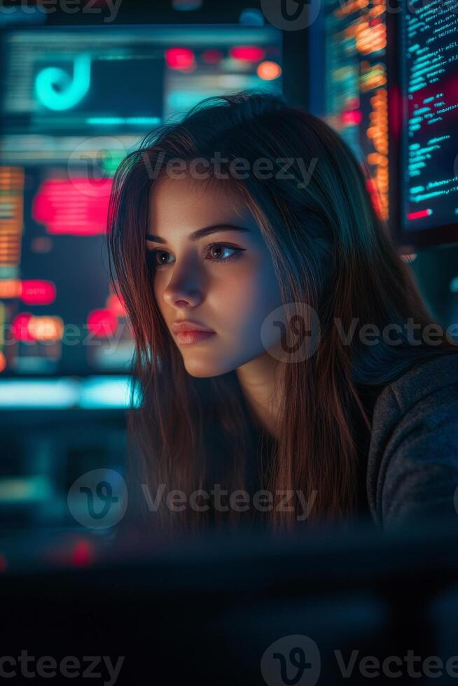 Young female programmer working on code in dark room with multiple screens photo