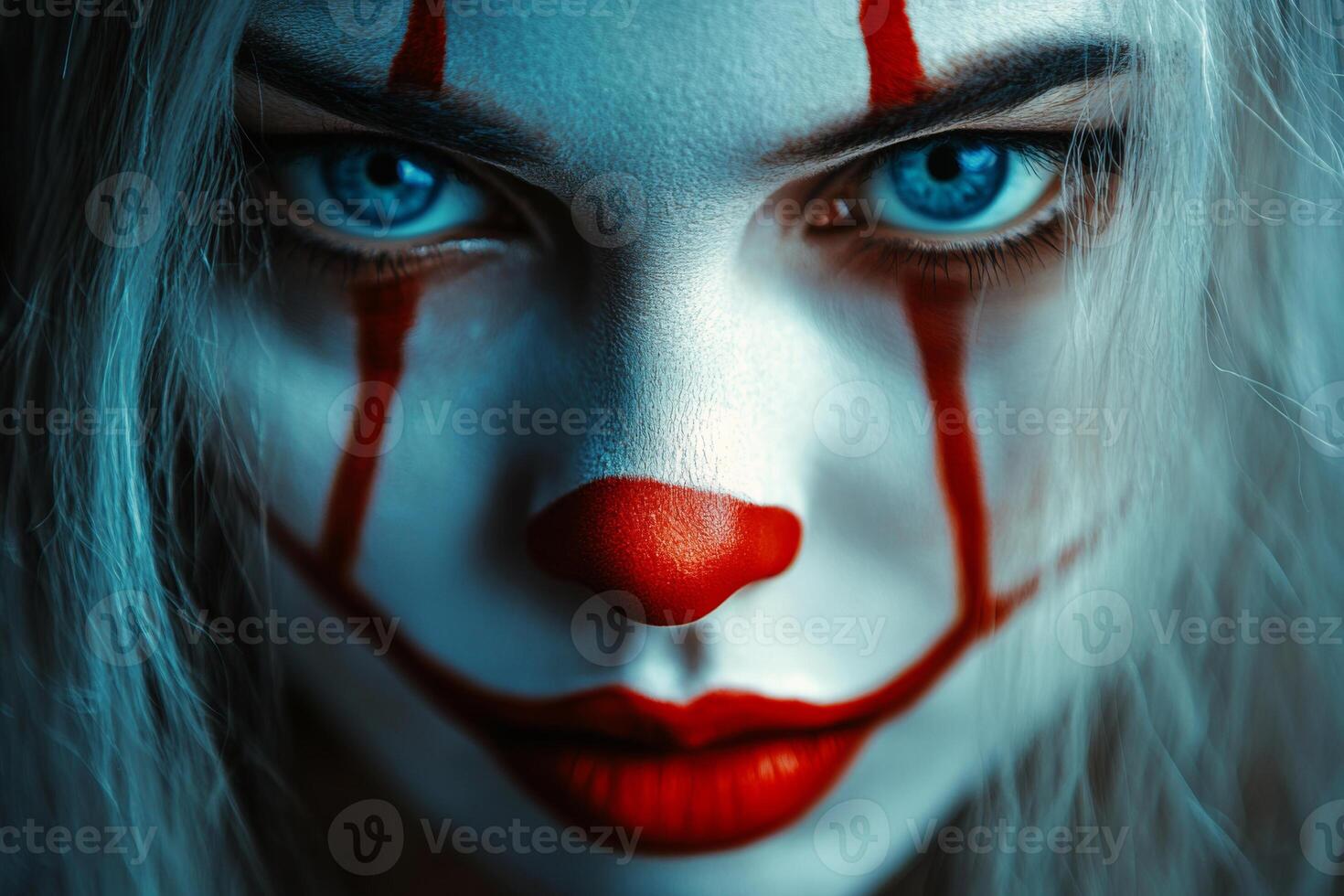 Close-up of woman with creepy clown makeup on dark background photo