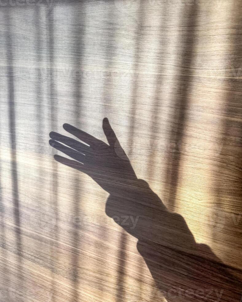 A menacing hand shadow on wooden background . High quality photo