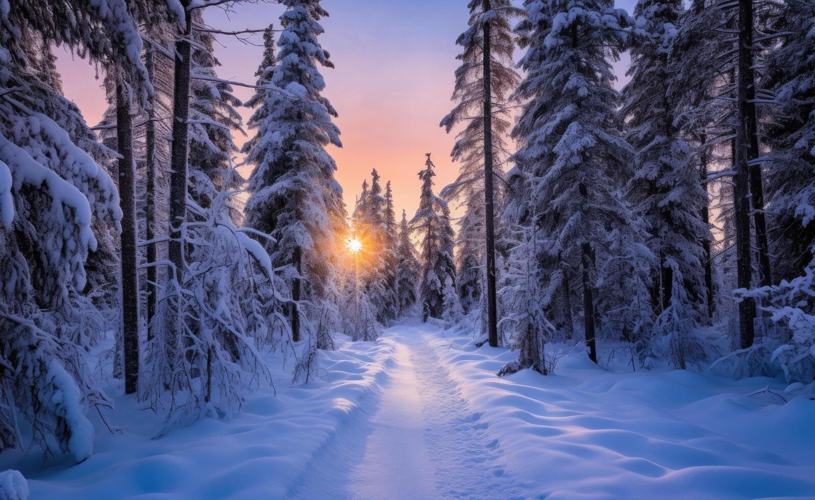 Scenic forest along a snow covered path in the winter season photo