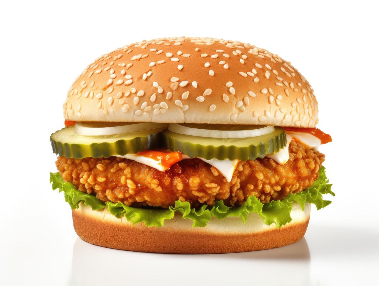 A chicken sandwich with lettuce and pickles on it photo