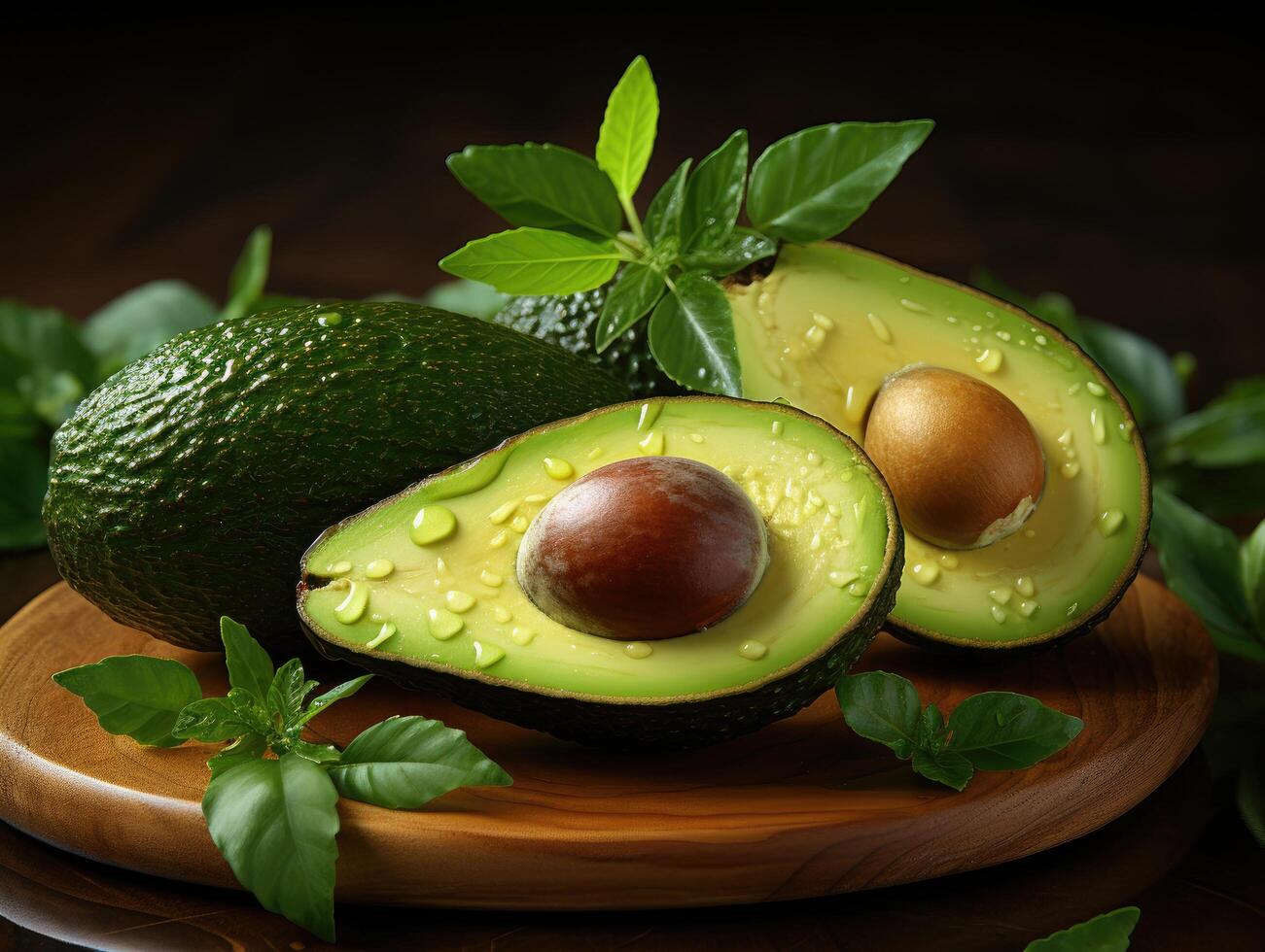 Two halves of an avocado on a wooden board photo