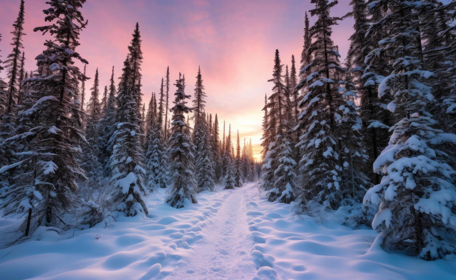 Scenic forest along a snow covered path in the winter season photo