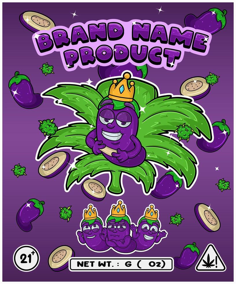 Eggplant Strain In Herbal Leaf and Brand Name Product Packaging. For Product, Label, Business and Brand Product. Vectors Illustrations.
