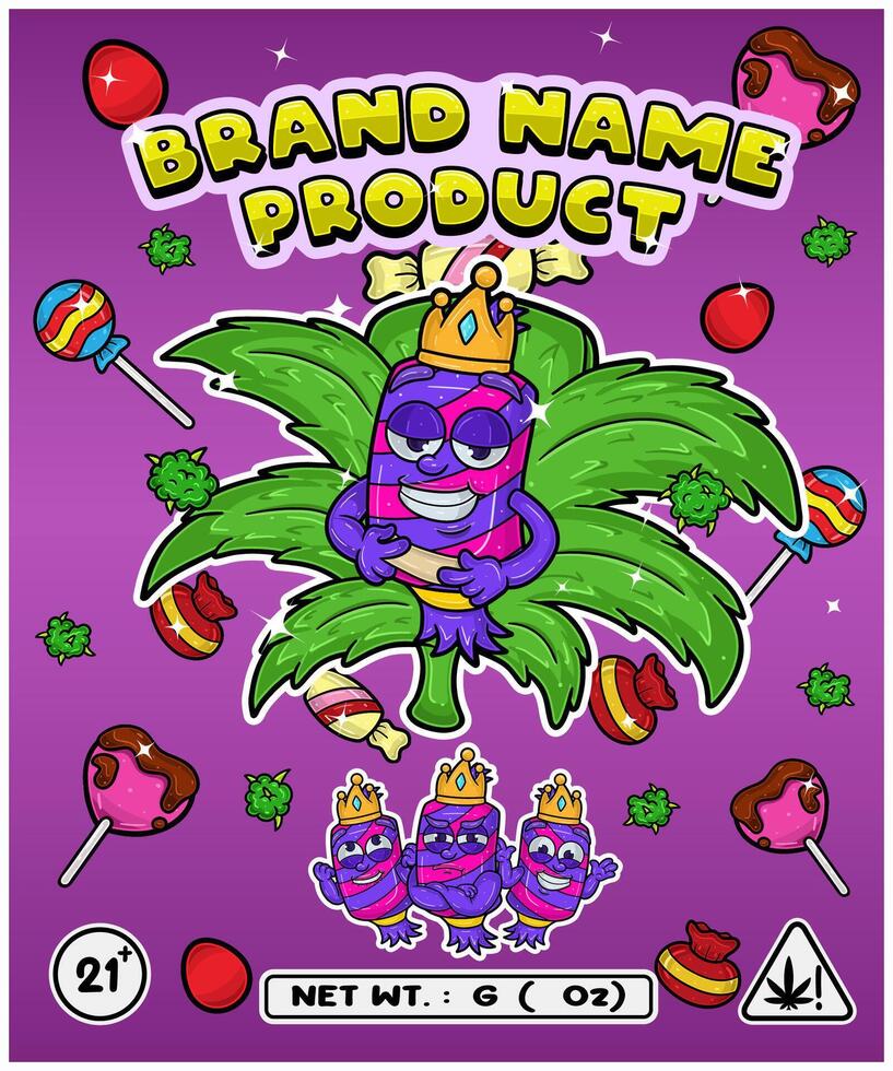 Candy Strain In Herbal Leaf and Brand Name Product Packaging. For Product, Label, Business and Brand Product. Vectors Illustrations.