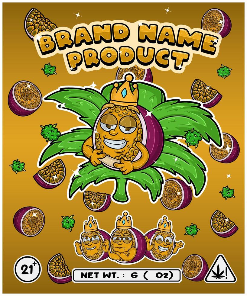 Passion Fruit Strain In Herbal Leaf and Brand Name Product Packaging. For Product, Label, Business and Brand Product. Vectors Illustrations.