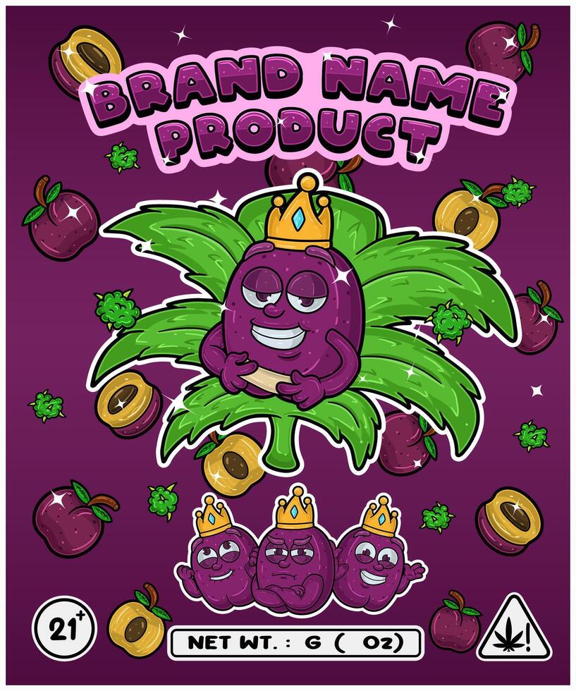 Plum Fruit Strain In Herbal Leaf and Brand Name Product Packaging. For Product, Label, Business and Brand Product. Vectors Illustrations.