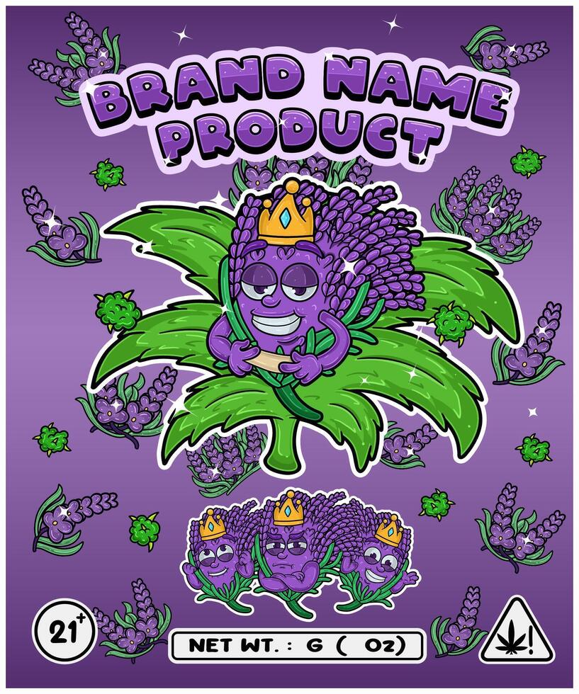 Lavender Strain In Herbal Leaf and Brand Name Product Packaging. For Product, Label, Business and Brand Product. Vectors Illustrations.