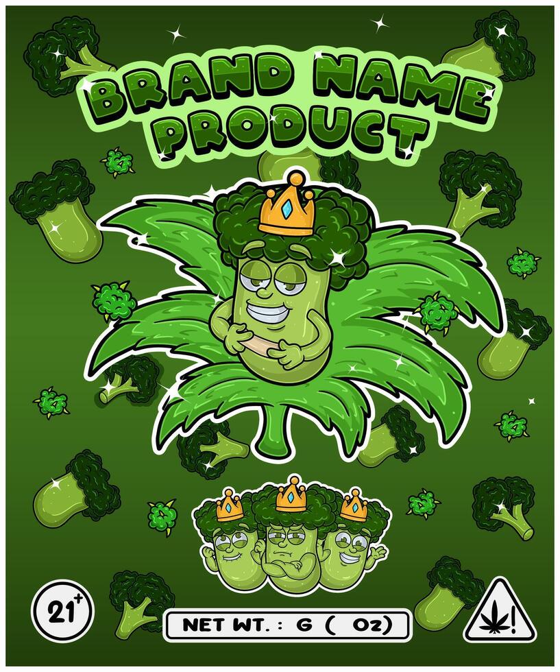 Broccoli Strain In Herbal Leaf and Brand Name Product Packaging. For Product, Label, Business and Brand Product. Vectors Illustrations.