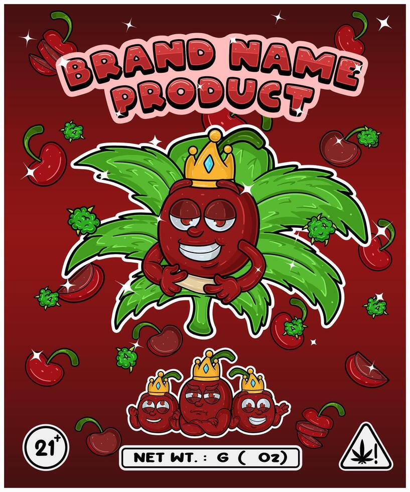 Cherry Fruit Strain In Herbal Leaf and Brand Name Product Packaging. For Product, Label, Business and Brand Product. Vectors Illustrations.